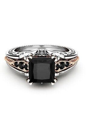 🎁PRINCESS CUT DAINTY STYLE 💎BLACK DIAMOND RING FOR WOMEN, F029